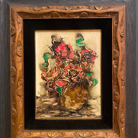 Vintage 1965 Palette Knife Floral Oil Painting Signed MCM Wood Velvet Frame - Picture 10 of 16